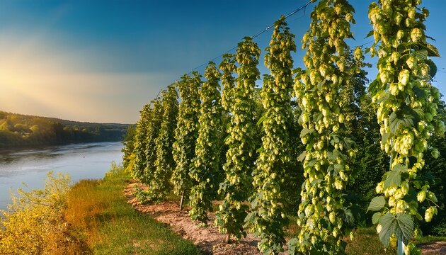 hops flowers of the hop plant humulus lupulus for beer production growing in the bavaria by the danube river on a sunny day