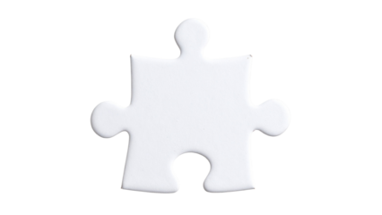 Single white jigsaw puzzle piece isolated on a transparent background, symbolizing problem-solving, strategy, and teamwork