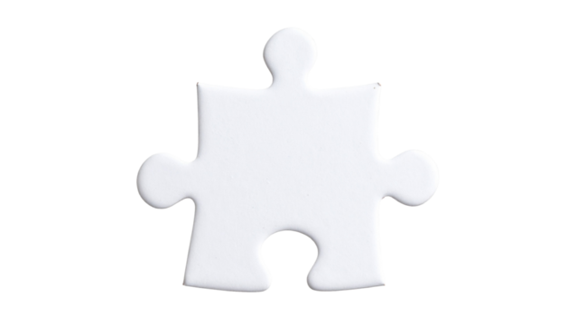 Single white jigsaw puzzle piece isolated on a transparent background, symbolizing problem-solving, strategy, and teamwork