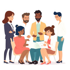 Obraz premium A group of six employees are looking at financial data. One person is standing while the rest are seated, listening attentively.