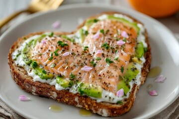 A nutritious pescetarian breakfast consists of toast topped with lightly salted salmon, edible flowers, avocado, and arugula, accompanied by a cup of coffee and winter cherry, evoking an autumnal