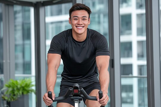 An Asian man engaged in active sports, wearing black sportswear, cycles on an upright stationary bike for indoor cardio training in a fitness gym to burn calories
