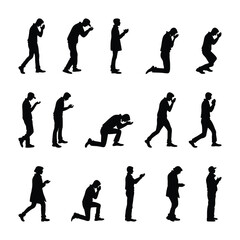 Silhouette Set of People Praying Kneeling and Standing in Worship