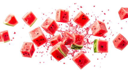 Fresh watermelon cubes exploding with a vibrant juice splash, creating a refreshing summer image on a transparent background