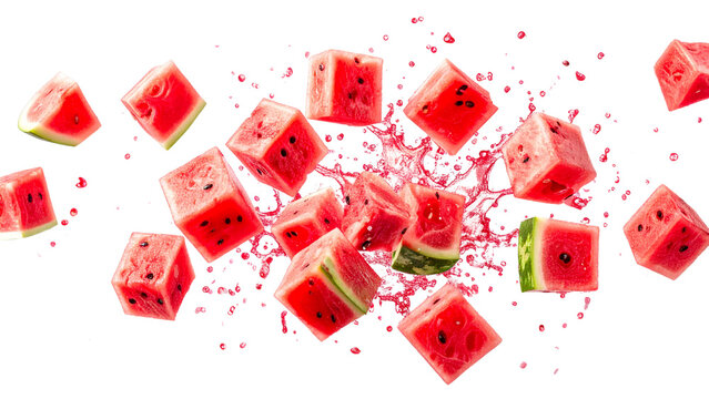 Fresh watermelon cubes exploding with a vibrant juice splash, creating a refreshing summer image on a transparent background