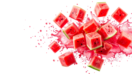 Fresh watermelon cubes exploding with a vibrant juice splash, creating a refreshing summer image on a transparent background