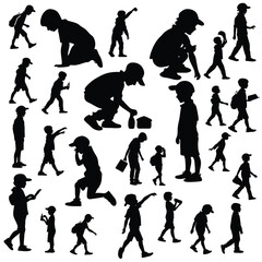 Silhouette Collection of Children Walking, Playing, and Reading – Vector Set