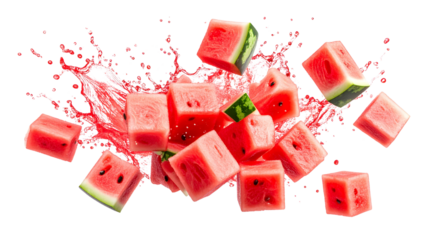 Fresh watermelon cubes exploding with a vibrant juice splash, creating a refreshing summer image on a transparent background