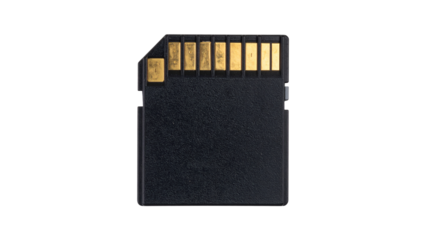 Close-up of an sd memory card, showcasing its gold connectors and sleek design, isolated on a transparent background