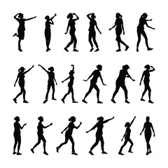 Obraz premium Silhouette Vector Collection of Girls Walking, Pointing, and Gesturing in Various Poses