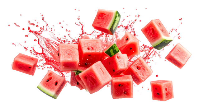 Fresh watermelon cubes exploding with a vibrant juice splash, creating a refreshing summer image on a transparent background