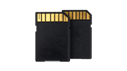 Close-up of an sd memory card, showcasing its gold connectors and sleek design, isolated on a transparent background