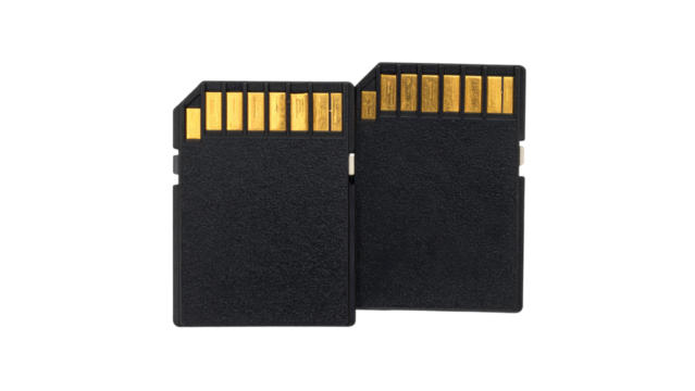 Close-up of an sd memory card, showcasing its gold connectors and sleek design, isolated on a transparent background