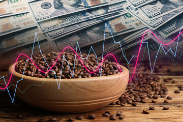 Coffee price rising. Dollars, roasted coffee beans and graph. Double exposure