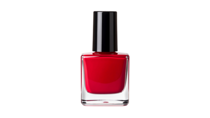 Red nail polish in a glass bottle with a black cap, isolated on transparent background, perfect for beauty and cosmetics projects