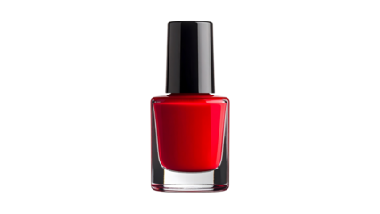 Red nail polish in a glass bottle with a black cap, isolated on transparent background, perfect for beauty and cosmetics projects