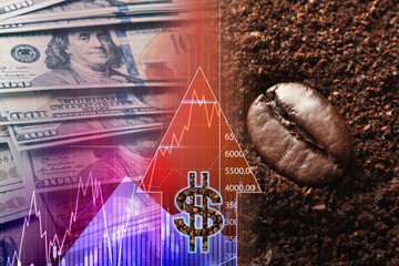 Coffee price rising. Dollars, coffee grounds and graph with currency symbol. Double exposure