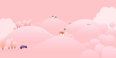 A cute landscape with houses in the mountains and deer on top. A gentle mountain landscape in pink tones. © olhatszrv