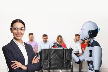 Robot recruiter giving bag to candidate in room. Artificial intelligence in human resources...