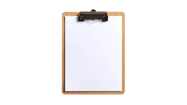 Clipboard holding a blank sheet of white paper on a transparent background, ideal for showcasing designs or messages