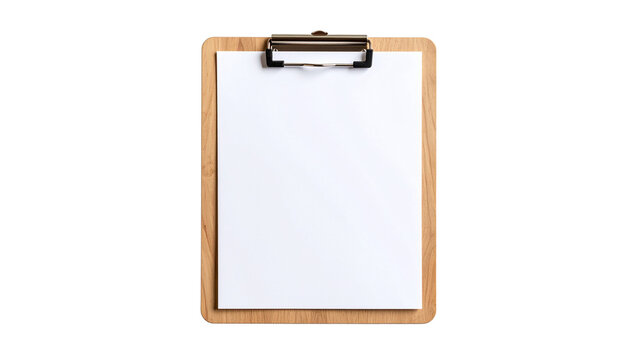 Clipboard holding a blank sheet of white paper on a transparent background, ideal for showcasing designs or messages