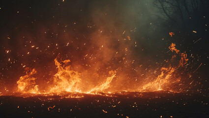 An inferno blazes across the ground, sending a flurry of orange sparks into the smoky, dark air