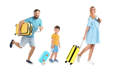 Man, woman and little boy with suitcases on white background