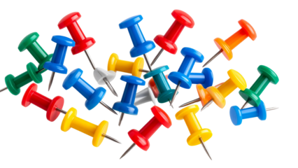Colorful pushpins spread across transparent surface, marking pivotal points, highlighting key information, organizing workspace