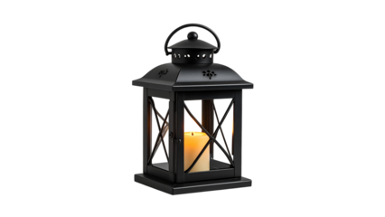 Black metal lantern with burning candle inside, isolated on transparent background, creating a cozy and atmospheric ambiance