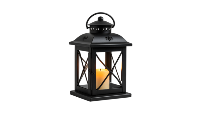 Black metal lantern with burning candle inside, isolated on transparent background, creating a cozy and atmospheric ambiance