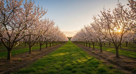 Blossoming orchard at sunrise, rows of flowering trees with sunburst effect