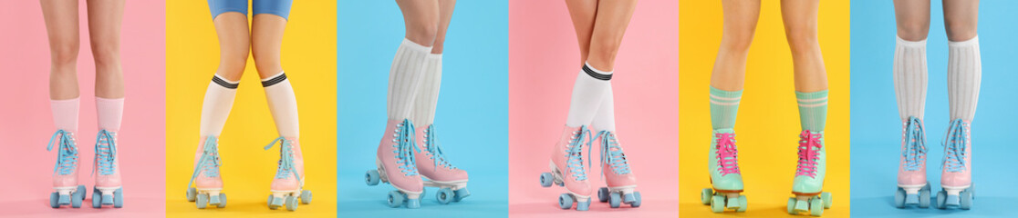 Women in retro roller skates on color backgrounds, closeup. Collage of photos