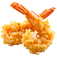 Two delicious, crispy fried shrimp, a culinary delight. The golden-brown texture and fresh seafood appeal, isolated on transparent background