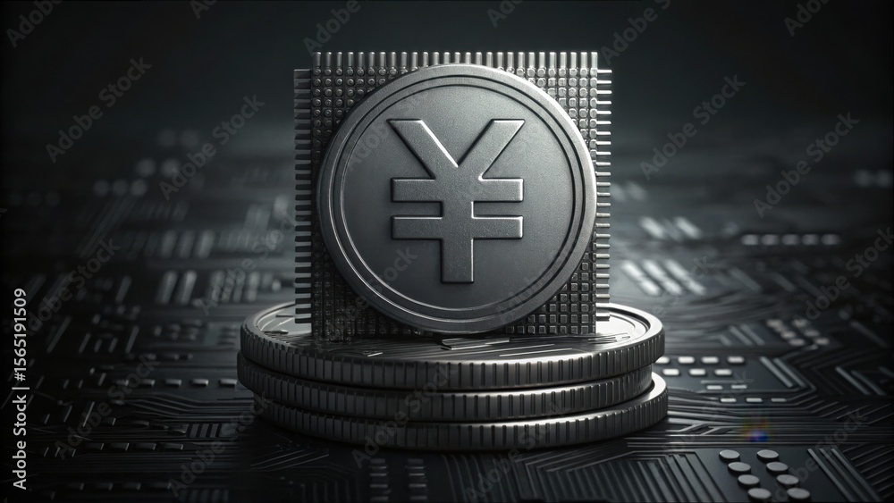 Poster digital yuan coin stacked on circuit board for financial innovation