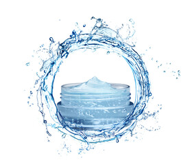 Jar of gel and water splash on white background. Stylish presentation for cosmetic product