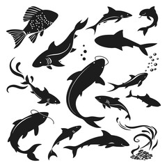 Freshwater Fish and Shark Silhouette Vector Set – Marine and River Animal Collection