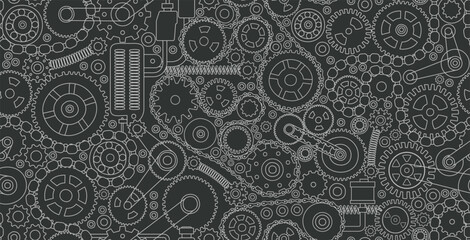 Seamless gear and cog mechanism on black background.