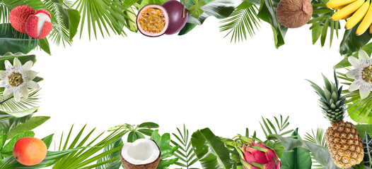 Frame made of fresh tropical fruits, flowers and green leaves on white background