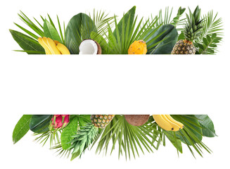 Fresh tropical fruits and green leaves on white background. Space for text