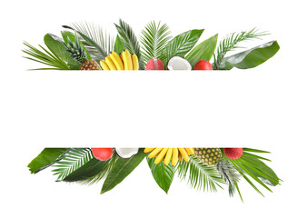Fresh tropical fruits and green leaves on white background. Space for text