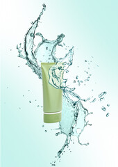 Tube of cream and water splash on aquamarine gradient background. Stylish presentation for cosmetic product