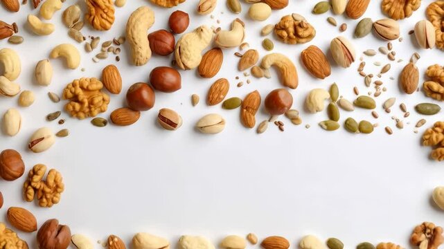 Assortment of shelled nuts and seeds arranged on white background forming a frame, healthy snack mix, various nuts concept.