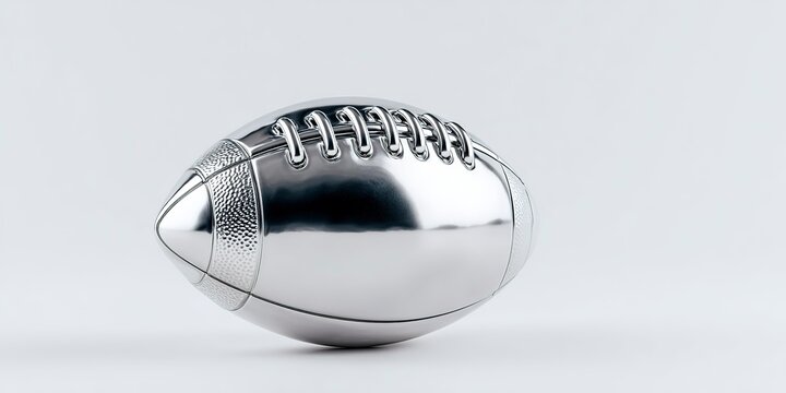 Stright on photo of a light grey low contrast chrome american football sculpture on a plain white backgrounds 