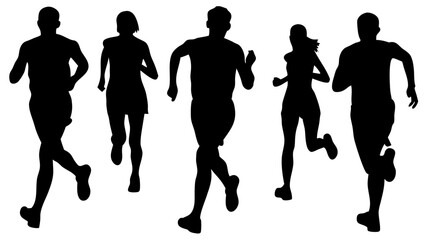 Silhouettes of various people running in different dynamic poses. Black vector shapes isolated on white background. Ideal for fitness, sports, motion graphics, and active lifestyle designs.