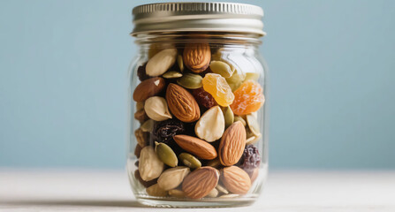 Healthy Snack Concept, Mason Jar Filled with Mixed Nuts and Dried Fruits on Pastel Background