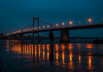 Fototapeta premium A person stands near a bridge at night