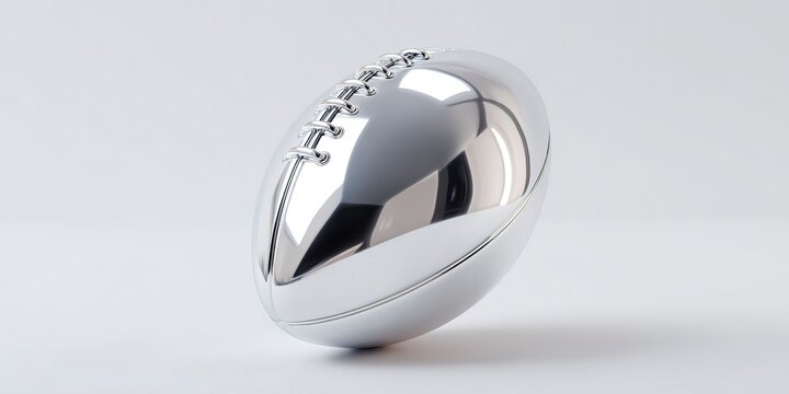 Stright on photo of a light grey low contrast chrome american football sculpture on a plain white backgrounds