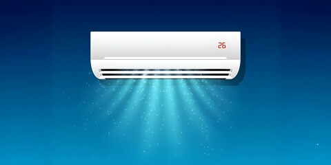 White wall-mounted air conditioner emits cool blue air, set to 26°C. A sleek design against a blue gradient, symbolizing comfort and freshness.