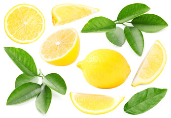 Fresh lemons and green leaves on white background, collage. Citrus fruit