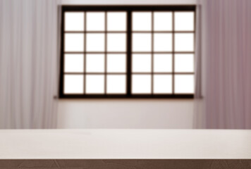Empty table against window with curtains in room